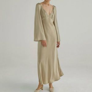 Silk Maison back tie flared-sleeve maxi silk dress. NWT size S